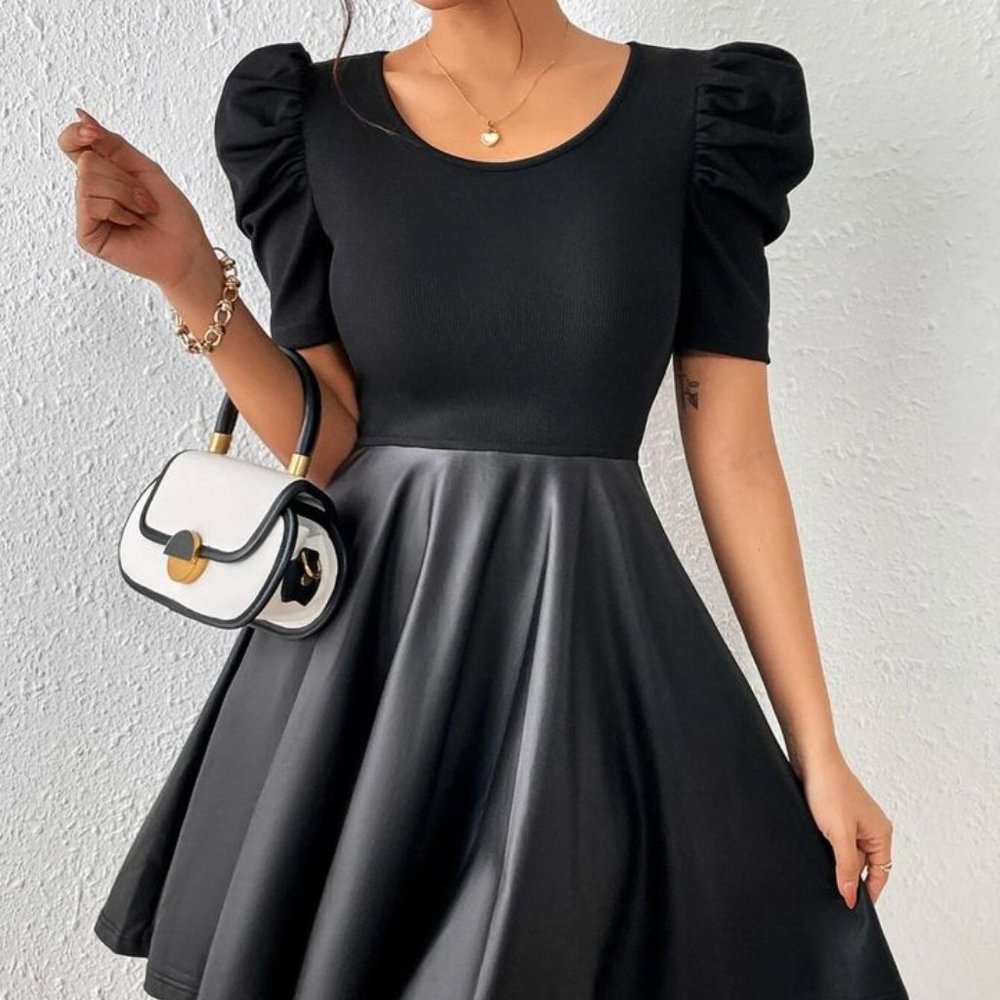 Black Frenchy Puff Sleeve PU A Line Dress NEW goth SIze L 8/10